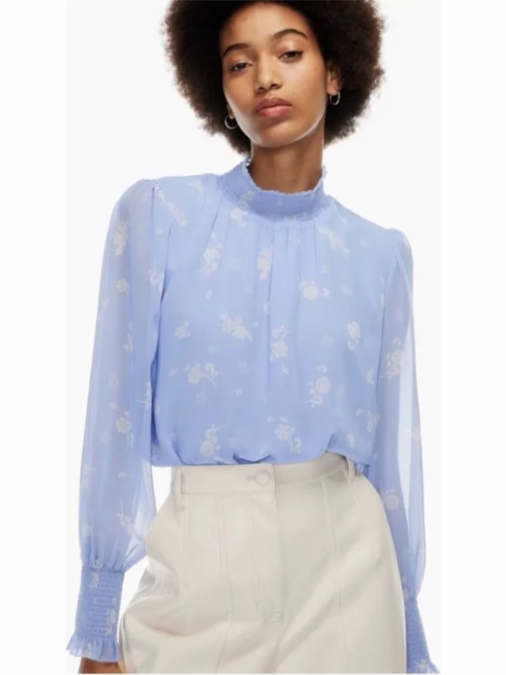 Wilfred Valencia Blouse M Woodblock Stamp Blue Floral Smocked High Neck